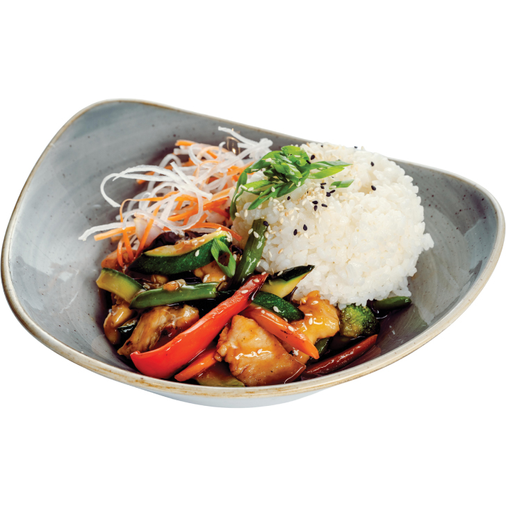 Chicken in teriyaki sauce with vegetables and rice