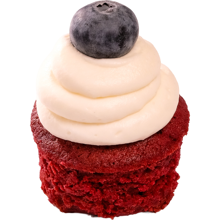 Mini red velvet cupcake with vanilla-lime cream and blueberry