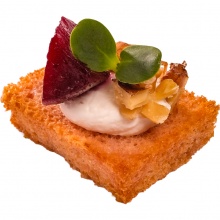 Beetroot bread canape with fried beetroot and walnuts