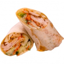 Wrap with chicken fillet, pickled carrots and sweet chili mayonnaise
